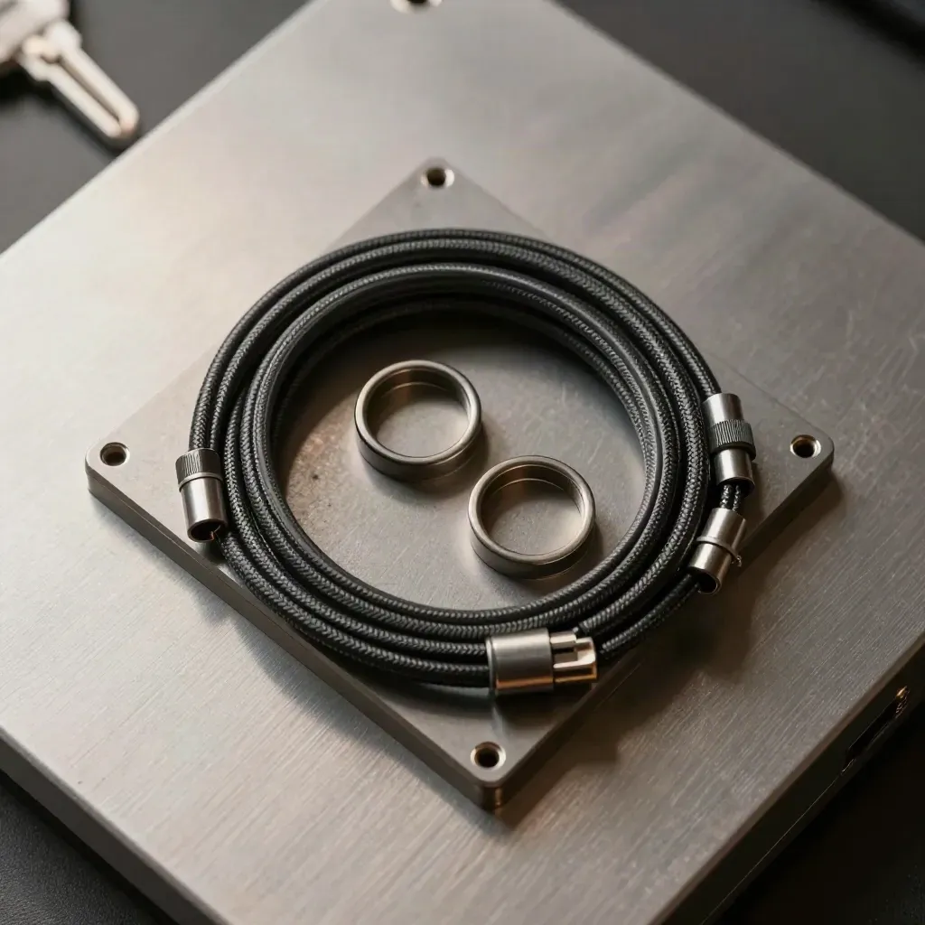 Overhead still life of fiber-optic cables, switch module, and cable loops on brushed aluminum.