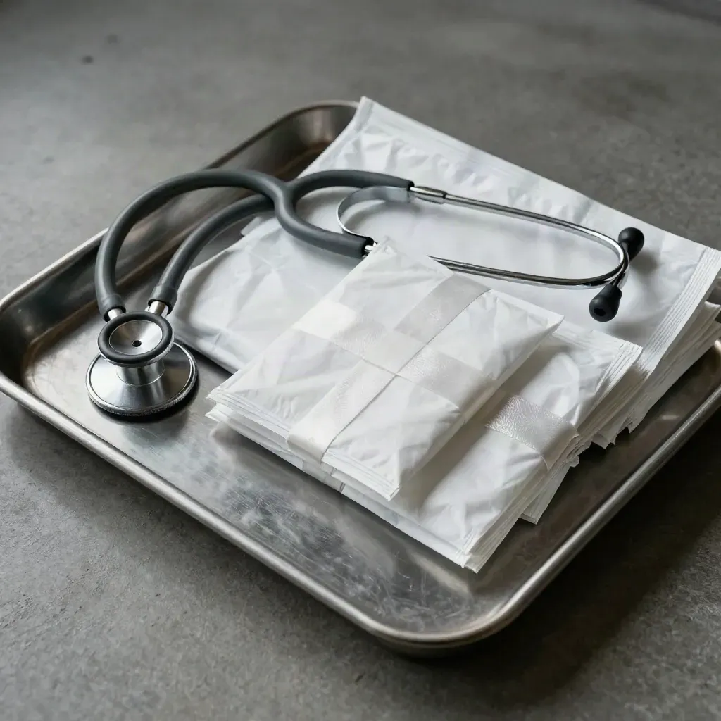 Top-down clinical still life with stethoscope, metal tray, and sterile instrument packs