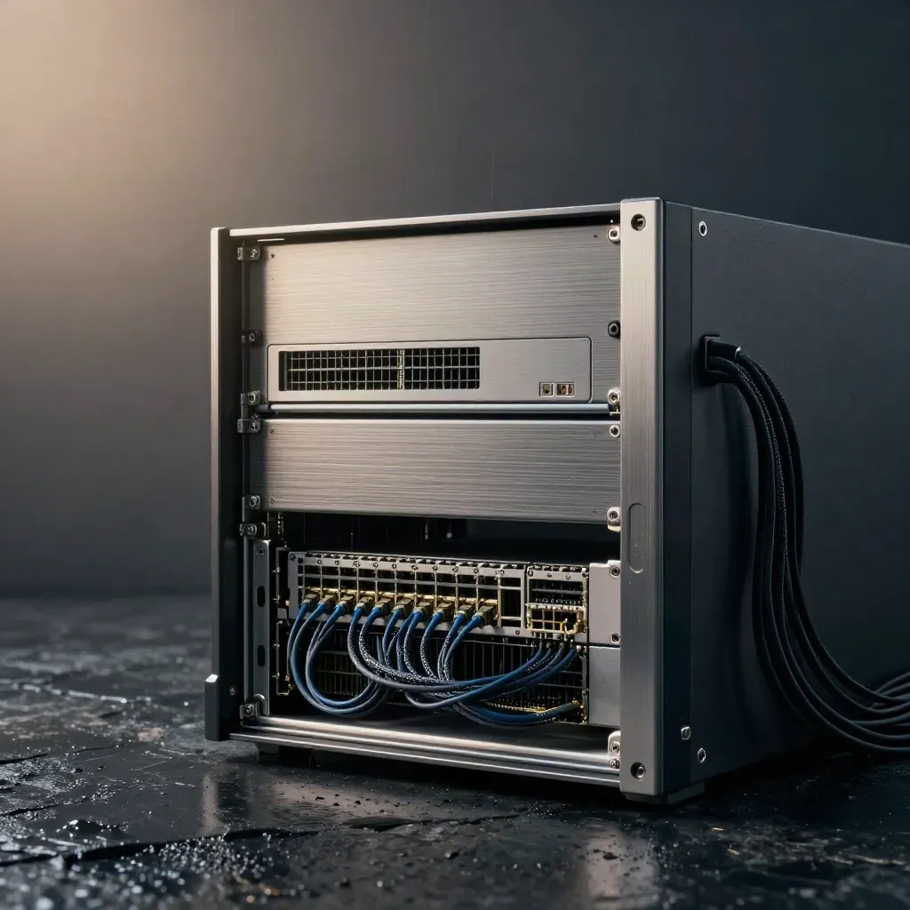 Brushed-steel server chassis with open blade trays, cables, SSD caddies and fibre on wet stone.