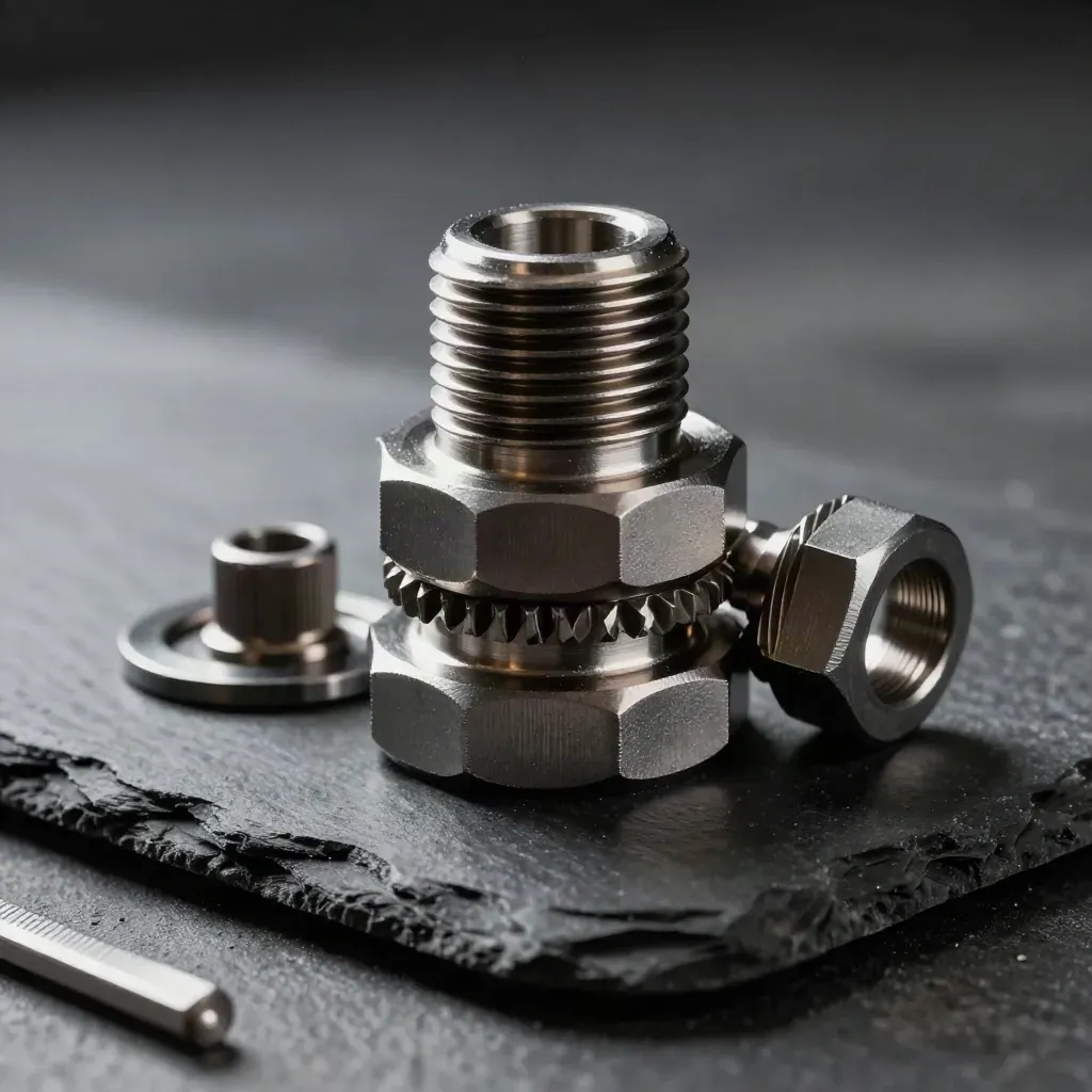 Steel gear blank, threaded coupler, and hex collar on dark stone in soft workshop light.