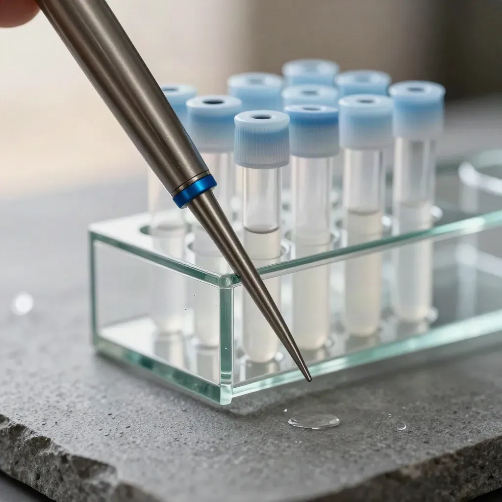 Macro lab still life with pipette, capped tubes, and glass rack on grey stone.