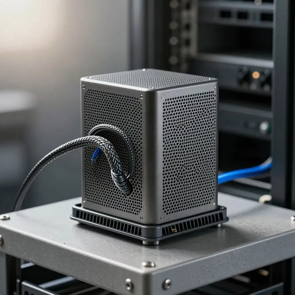 Macro of a mesh network node with braided cable loom in a server rack, lit with soft rim light.