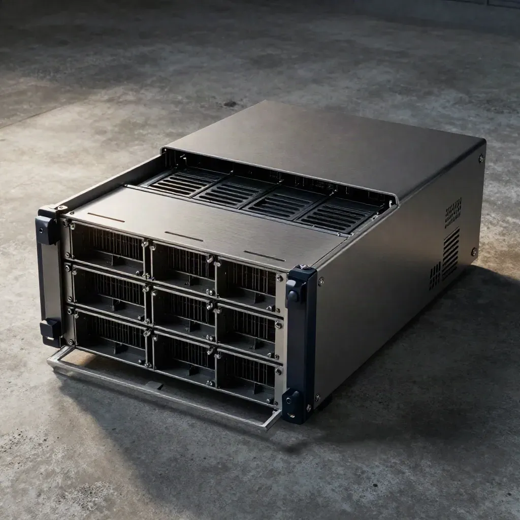 Rackmount server chassis with open drive bays on a concrete slab under raking light.
