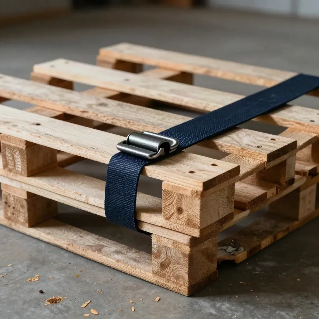 Pale wood pallets, corner guards, and strapping buckles on a warehouse floor in dramatic still life.