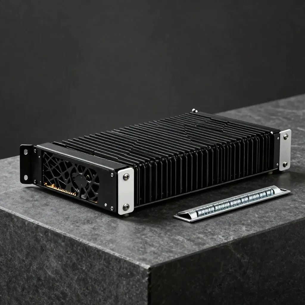 Rack server blade sliding from its sleeve beside rail hardware on a graphite plinth.