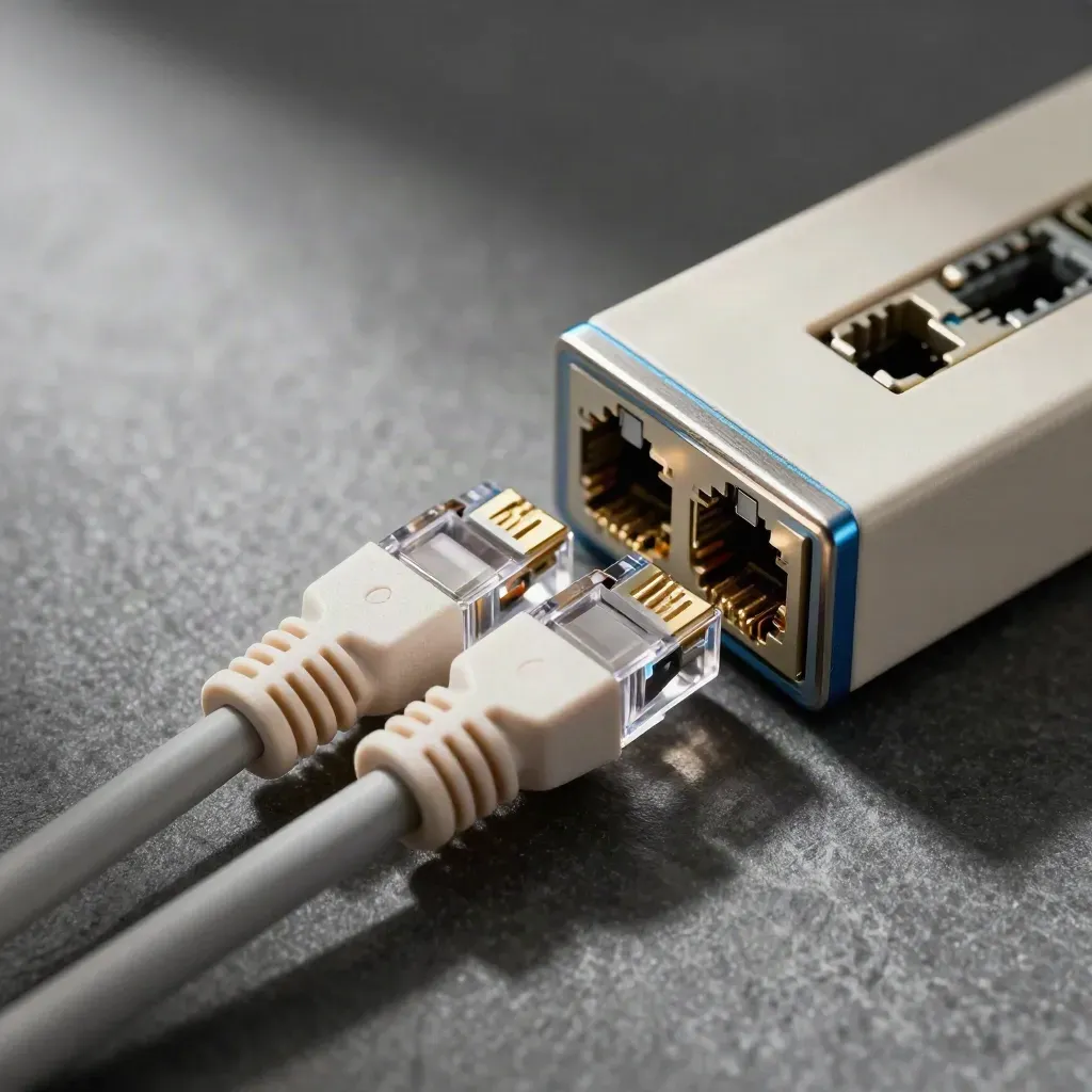 Overhead macro of RJ45 plugs, patch panel module, and cable guide on stone
