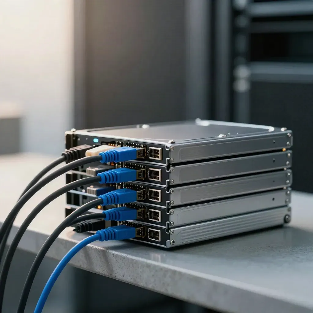 Migration drives and patch cables beside an aluminum handoff case, shot close with a blue accent.