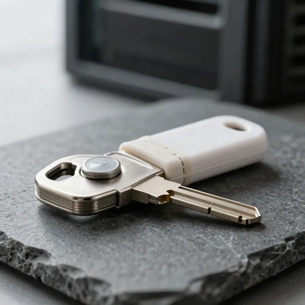 Macro still life of a security key, token, and tamper seal on graphite stone