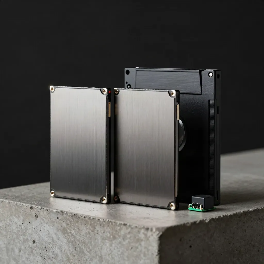 Mirrored SSDs, tape cartridge, and relay module on concrete with dramatic studio light.