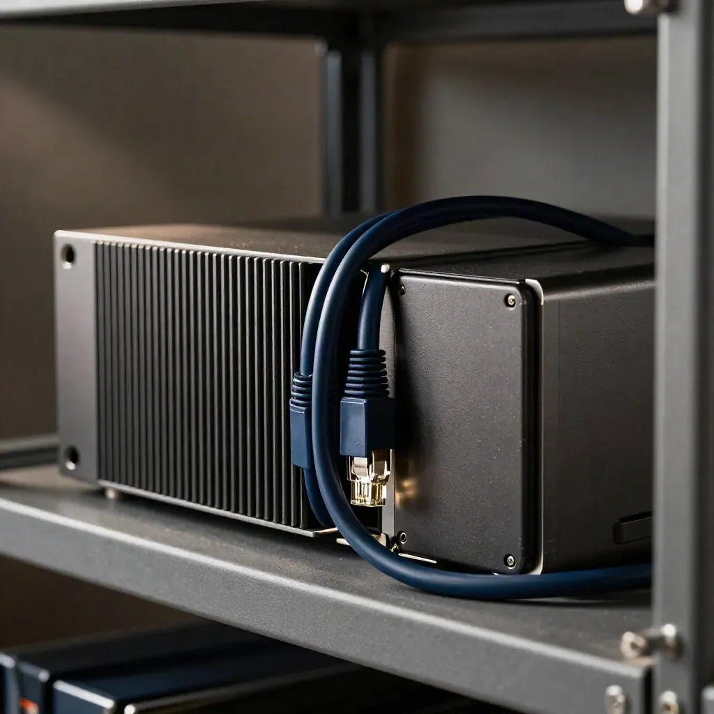 Compact server kit with ethernet cable and SSD sleeve on a rack shelf, lit through a blurred coil.