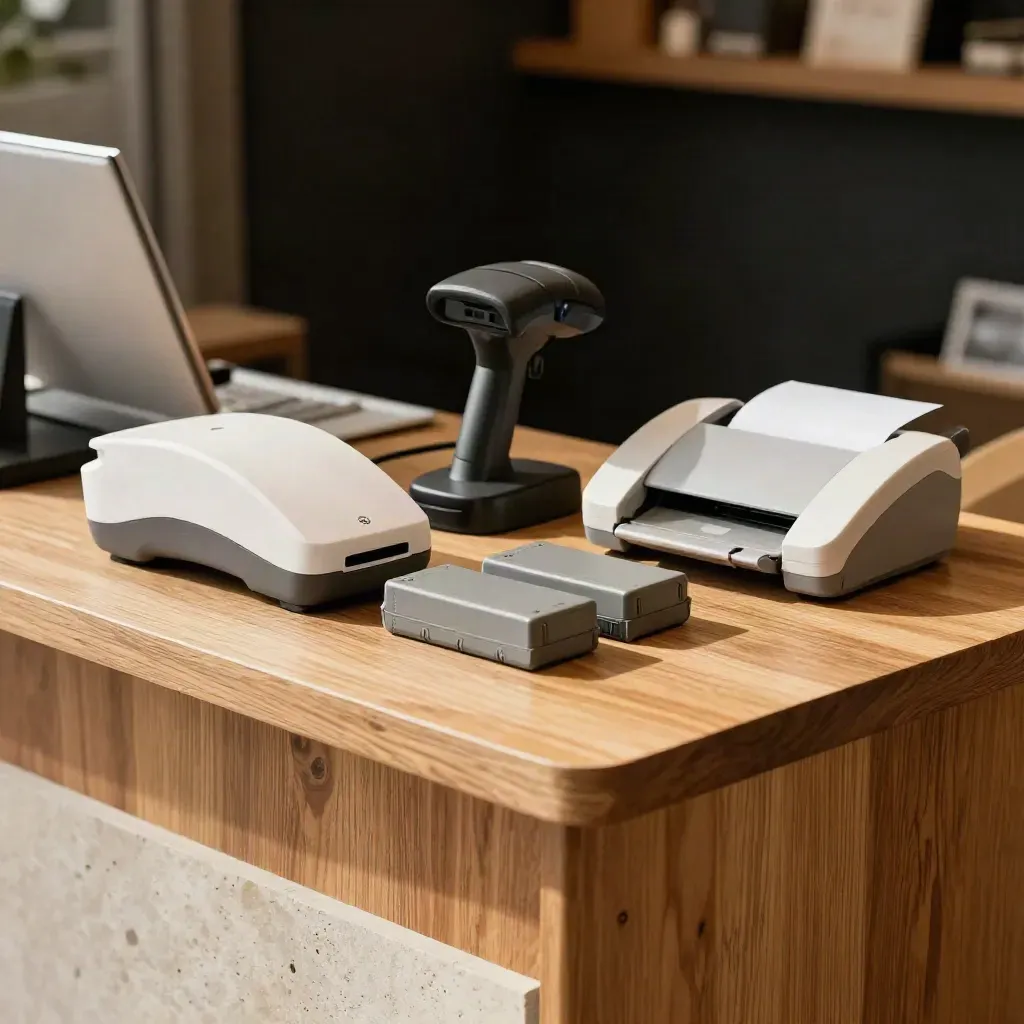 Checkout hardware still life: card reader dock, scanner cradle, batteries and receipt printer on oak.