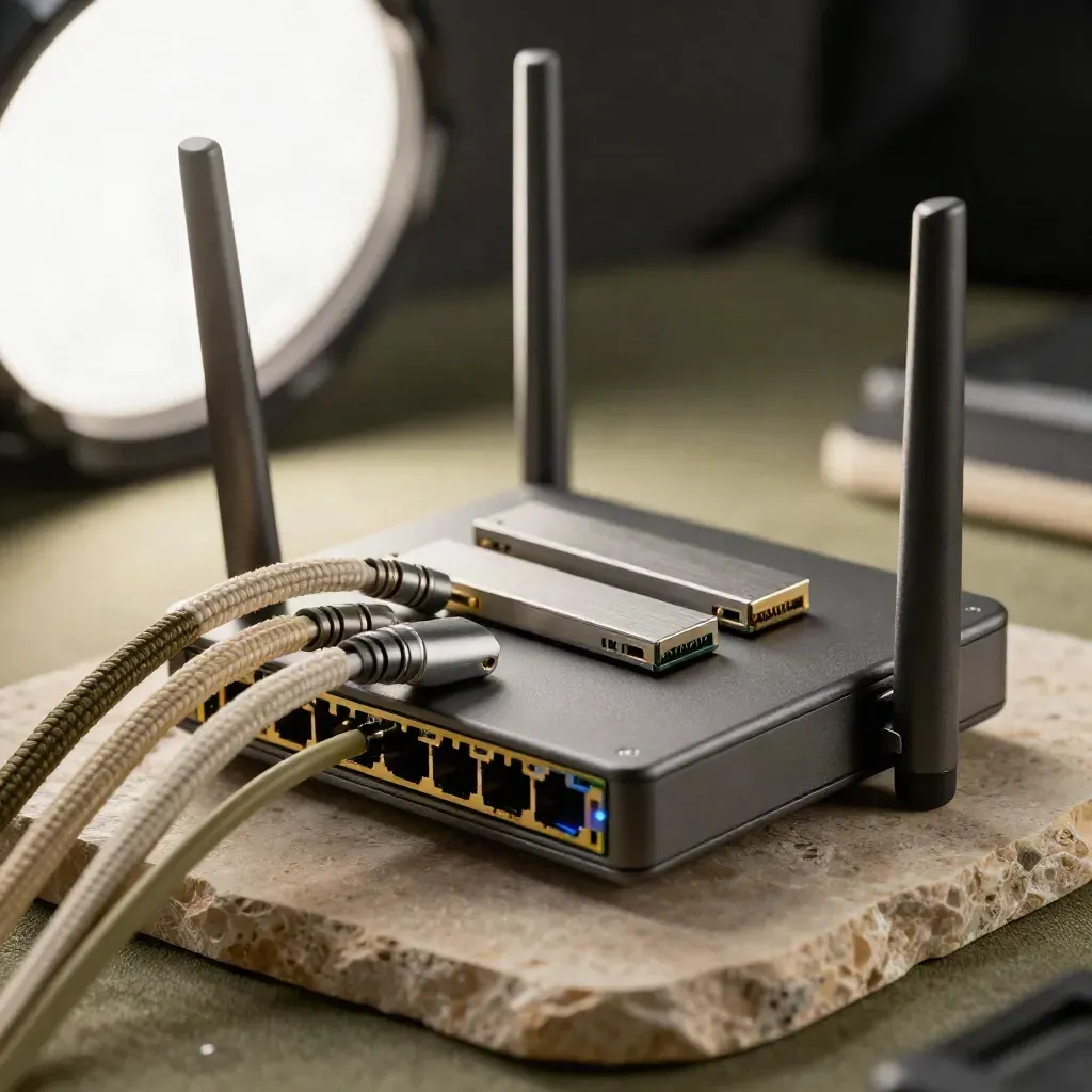Macro still life of router, braided cables, and SSD enclosures on stone with blue accents.