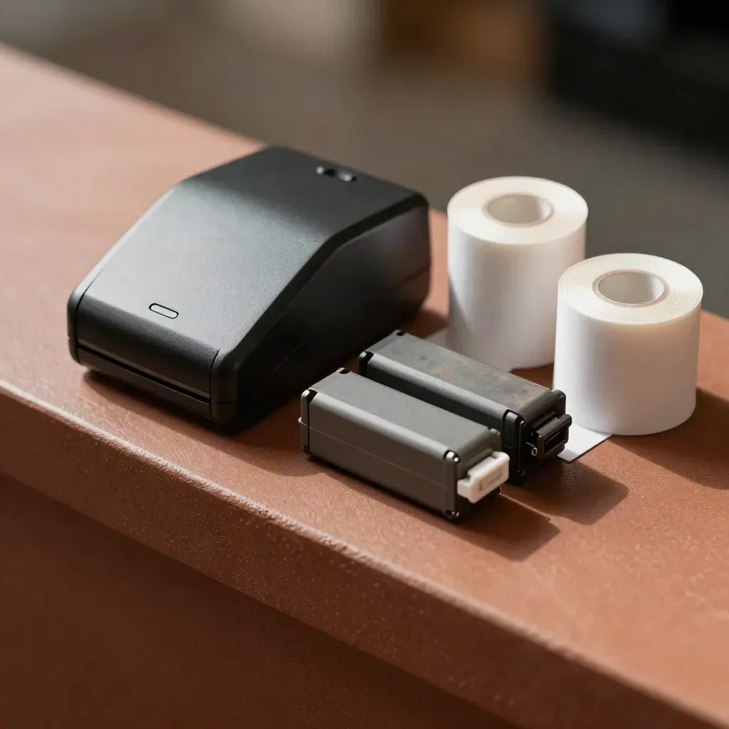 Retail backup kit with card reader dock, scanner cradle, spare batteries and receipt-roll cores on terracotta.