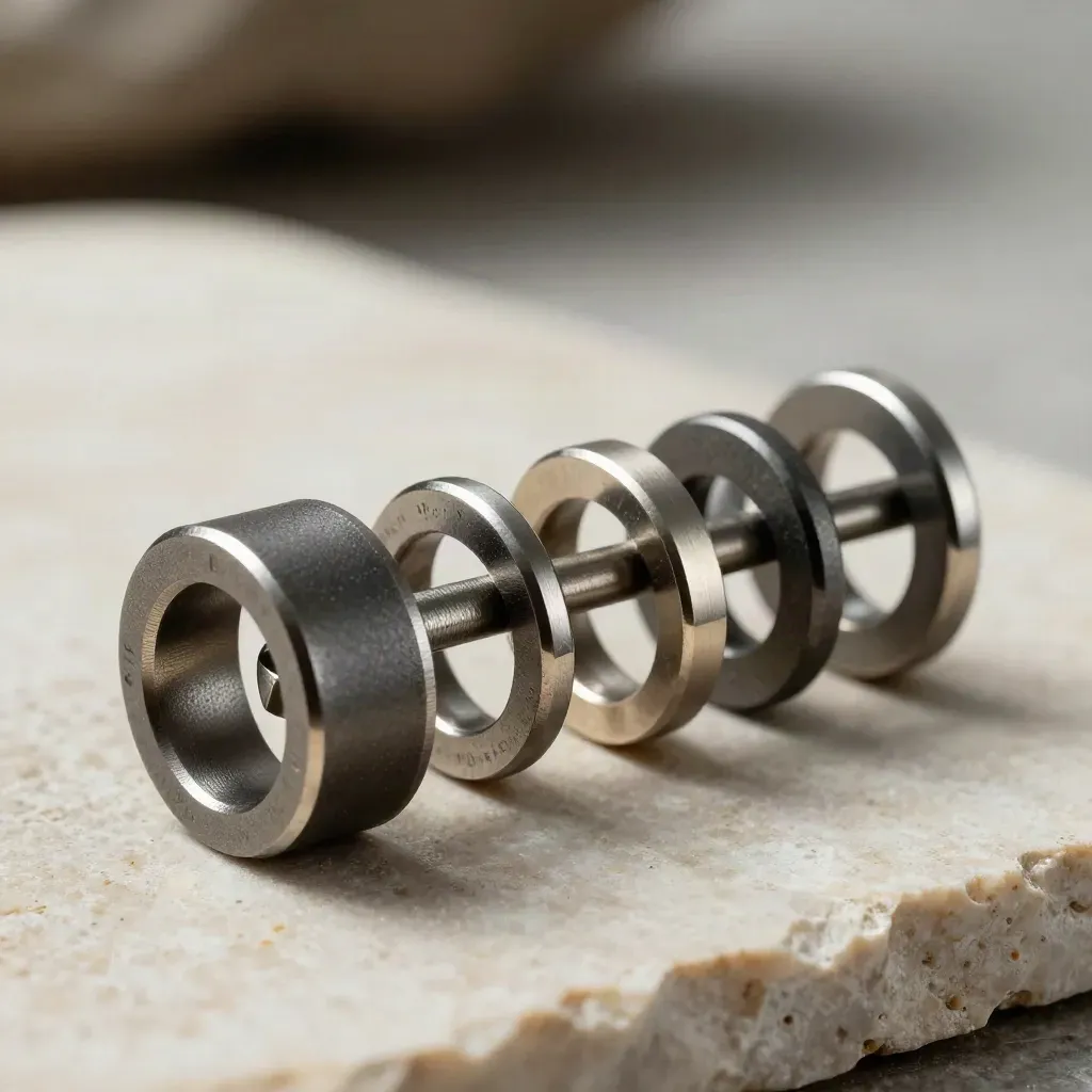 Macro of linked graphite connector rings and pins on pale stone, lit with soft rim light.