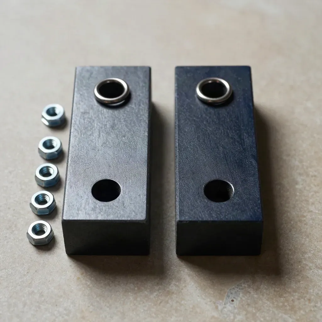 An overhead still life of anodized blocks, linked rings, and hex fasteners on warm stone.