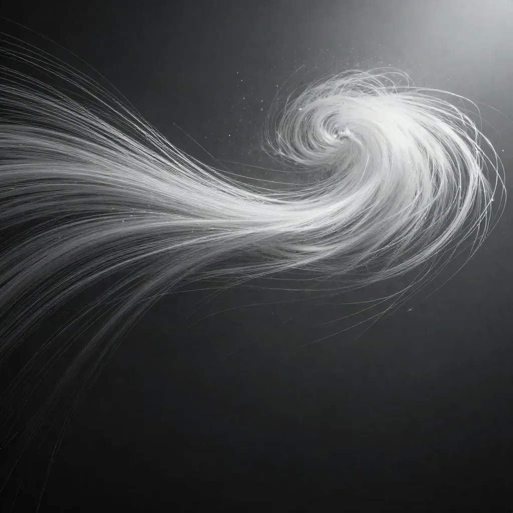 Silver light filaments converge into a soft bloom in a graphite void, with empty space below.
