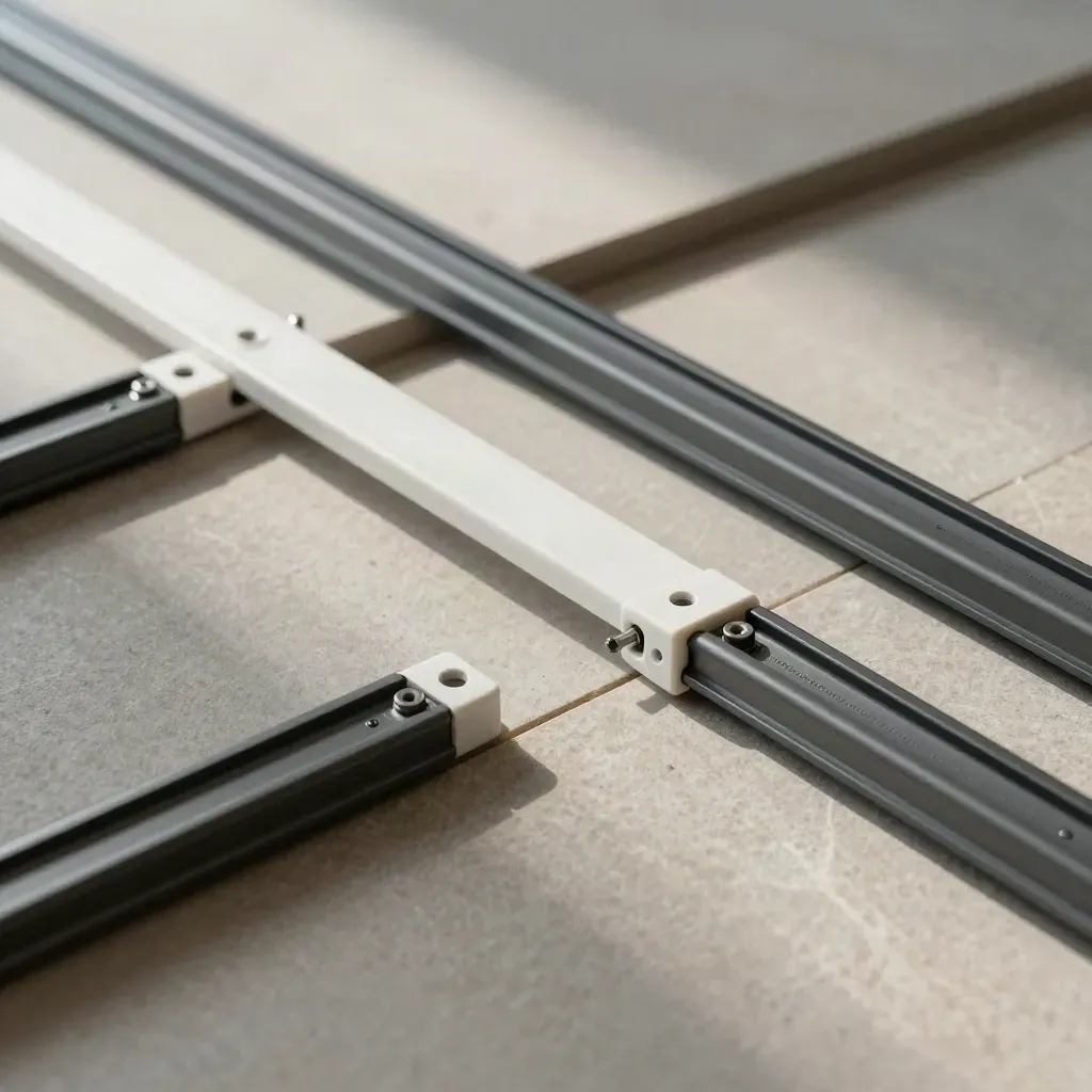 Overhead still life of graphite rails and white connector parts on stone, lit by soft daylight.