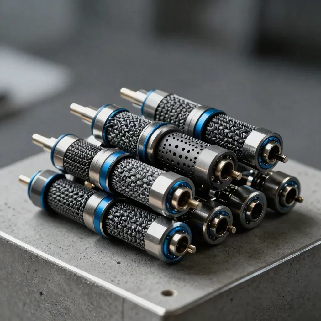 Macro still life of stacked probe modules, braided couplers, and perforated metal housings